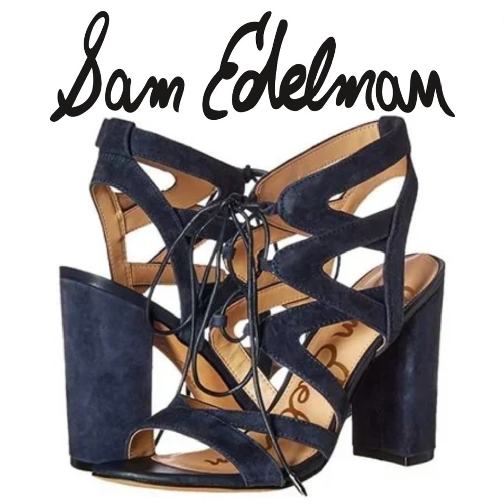 SAM EDELMAN Yardley Inky Black Blue SUEDE Strappy Lace-Up Block Heel - Size 7.5